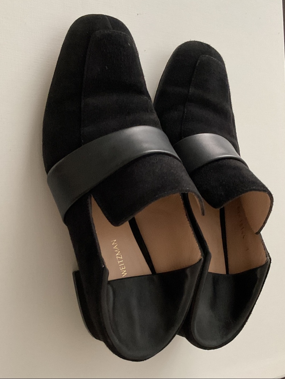 Stuart Weitzman Black Suede Loafers with Leather Strap
